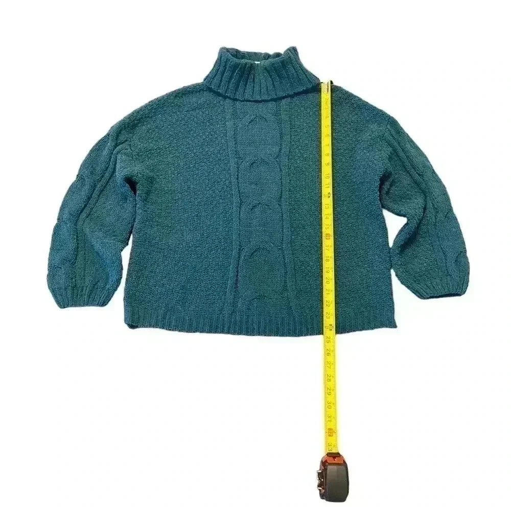 Seven7 Sweater Womens Size L Deep Teal Chenille Cable Knit Turtle Cowl‎ Neck